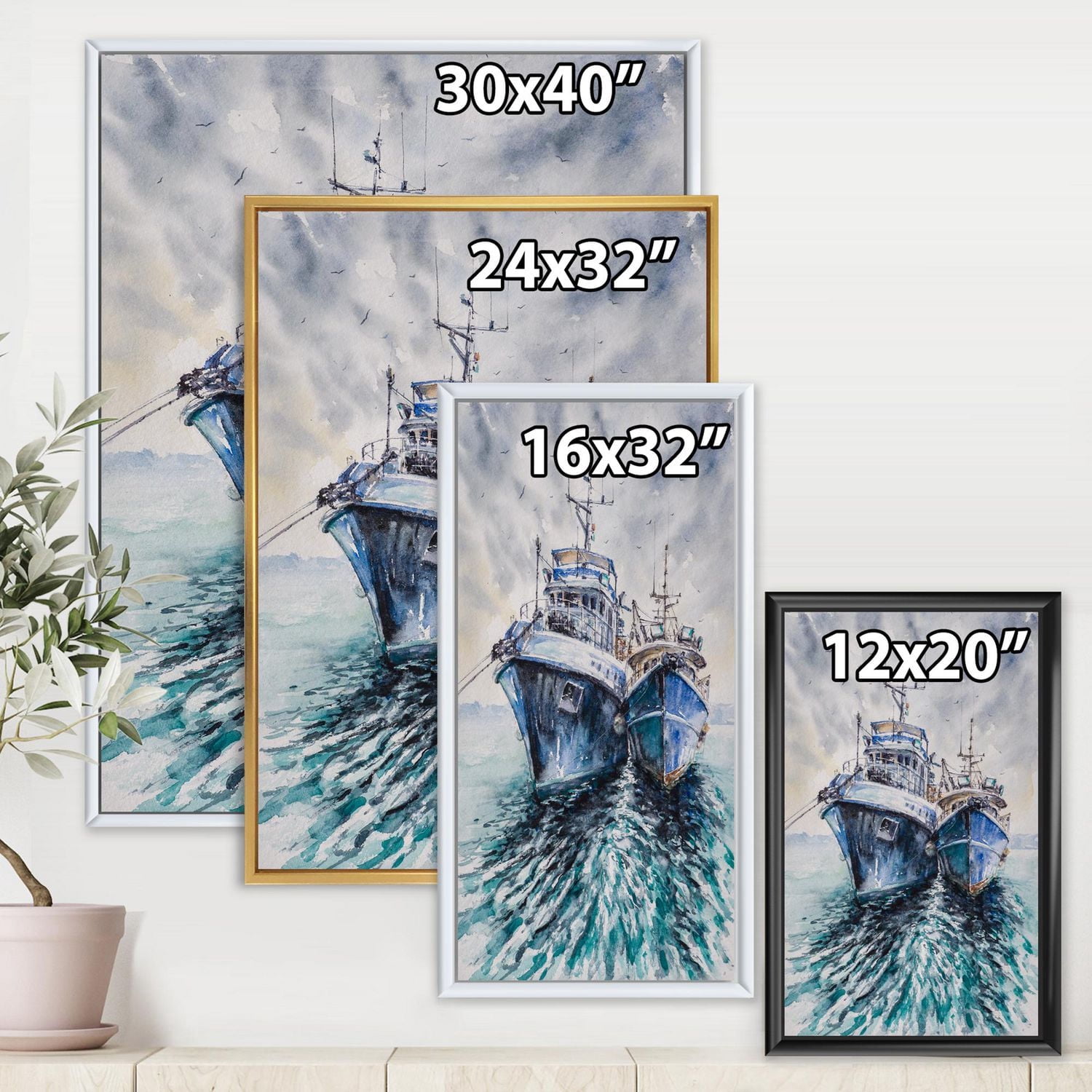 Designart Deux bateaux de pêche avant une tempête ancrés ART MURAL À CADRE FLOTT