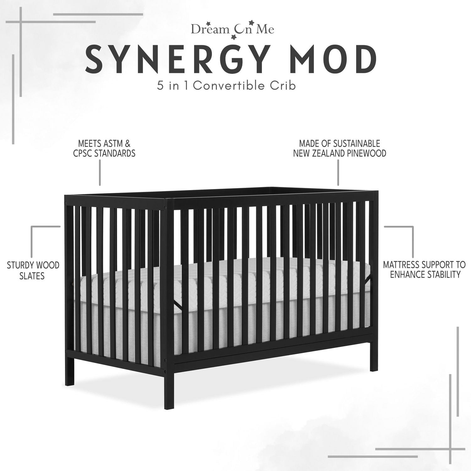 Berceau Dream On Me Synergy MOD, fabriqué en bois de pin durable de Nouvelle-Zélande