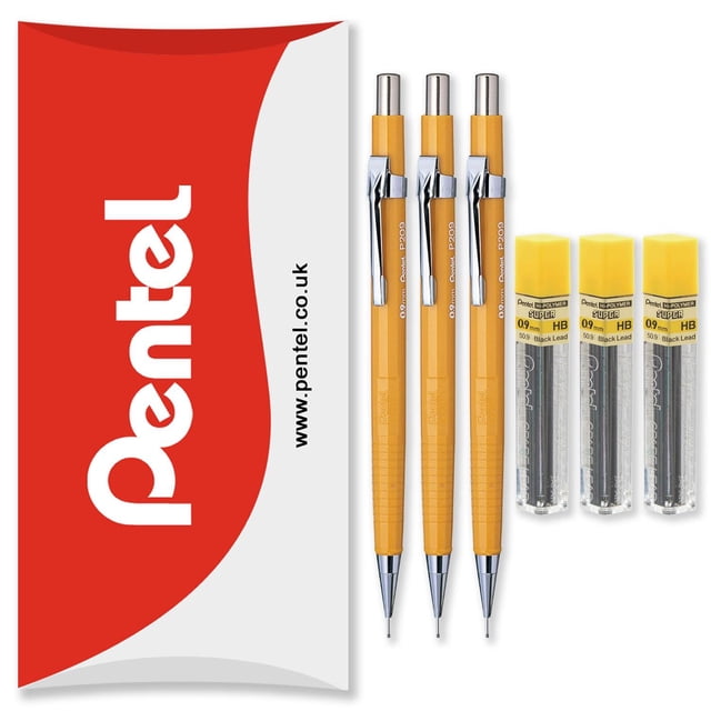 Pentel P200 Series Mechanical Pencils with Refills, 0.9mm, HB Lead, 3 Count, 6 Pack