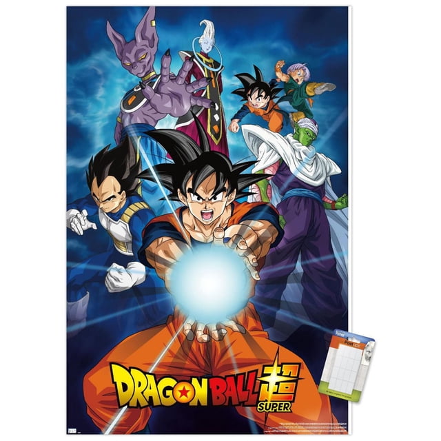 Dragon Ball Super - Groups Wall Poster, 22.375" x 34" framed, featuring main anime characters in dynamic action poses on a blue energy background. Goku in orange gi is centered, charging a glowing energy ball, surrounded by Vegeta in blue armor, Piccolo in purple and white cape, Whis with staff, and Beerus with outstretched hand. Printed on FSC-certified gloss poster paper with a lightweight frame and sawtooth hanger, suitable for bedrooms, offices, dorms, and party decor.