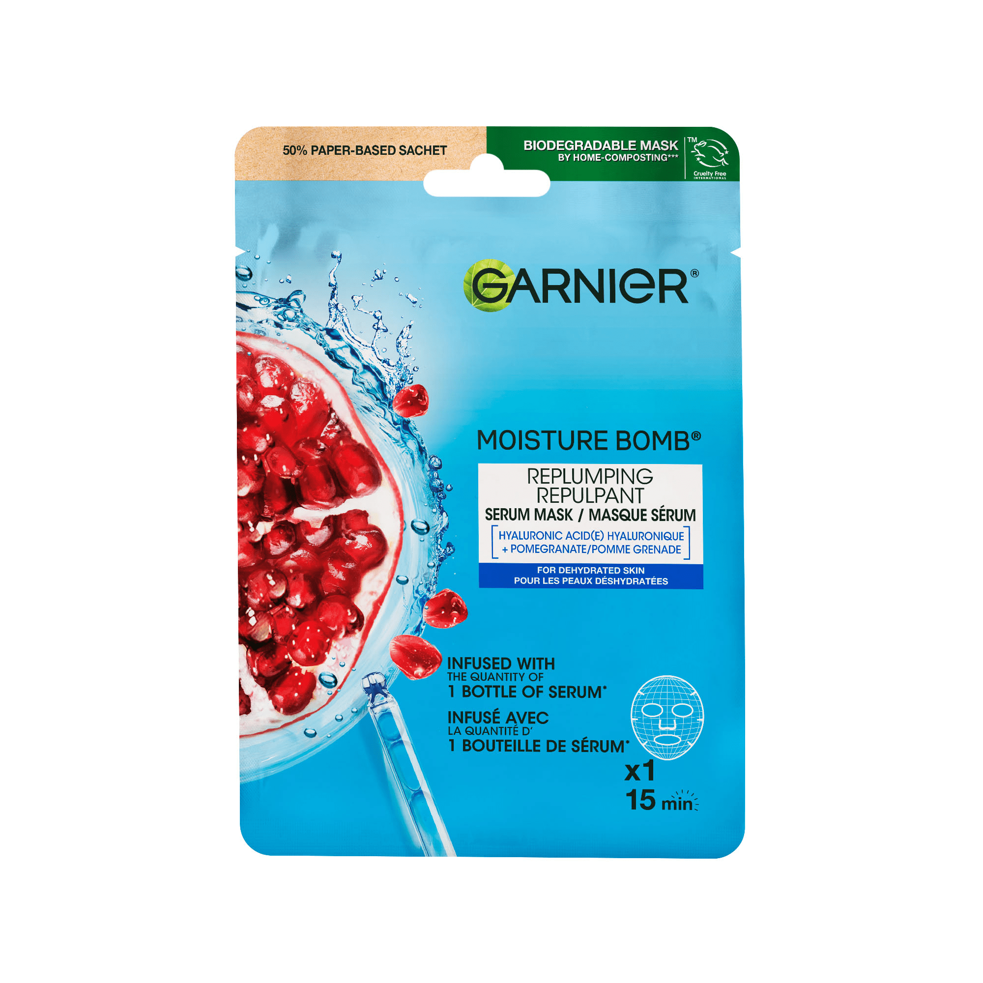 Garnier Moisture Bomb Replumping Serum Mask, Hyaluronic Acid + Pomegranate, 1 Count
