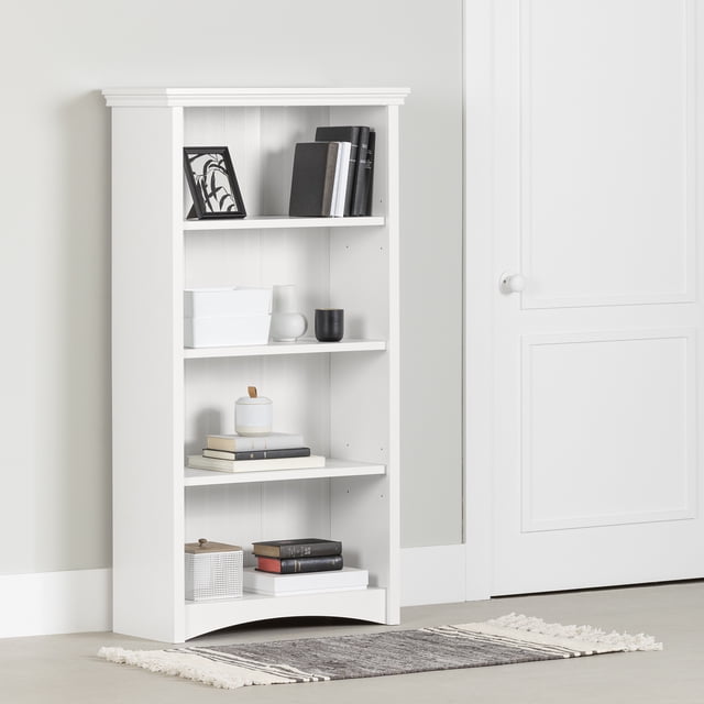 South Shore Gascony 4-Shelf Bookcase in pure white with four shelves including two adjustable, featuring a curved kick plate and thick top molding in contemporary style, shown with books and decorative items, suitable for organizing office or living room spaces.