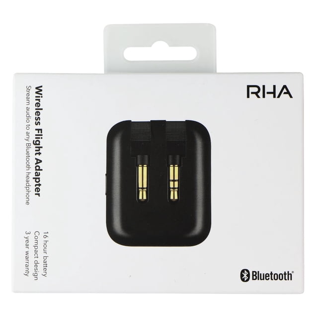 RHA Adaptateur de Vol Bluetooth Sans Fil pour Prises 3,5 mm - Noir (601712). Adaptateur Noir Compact avec Connecteurs Doubles 3,5 mm Plaqués or, compatible avec Entrées Simple Ou Double 3,5 mm. Doté d'Aptx et d'Aptx à Faible Latence pour un audio Haute Fidélité. Idéal pour Connecter des Écouteurs Sans Fil aux Systèmes de Divertissement en Vol Ou aux Appareils Sans Bluetooth. Emballé dans une Boîte Blanche avec Image de Marque et Détails du Produit.