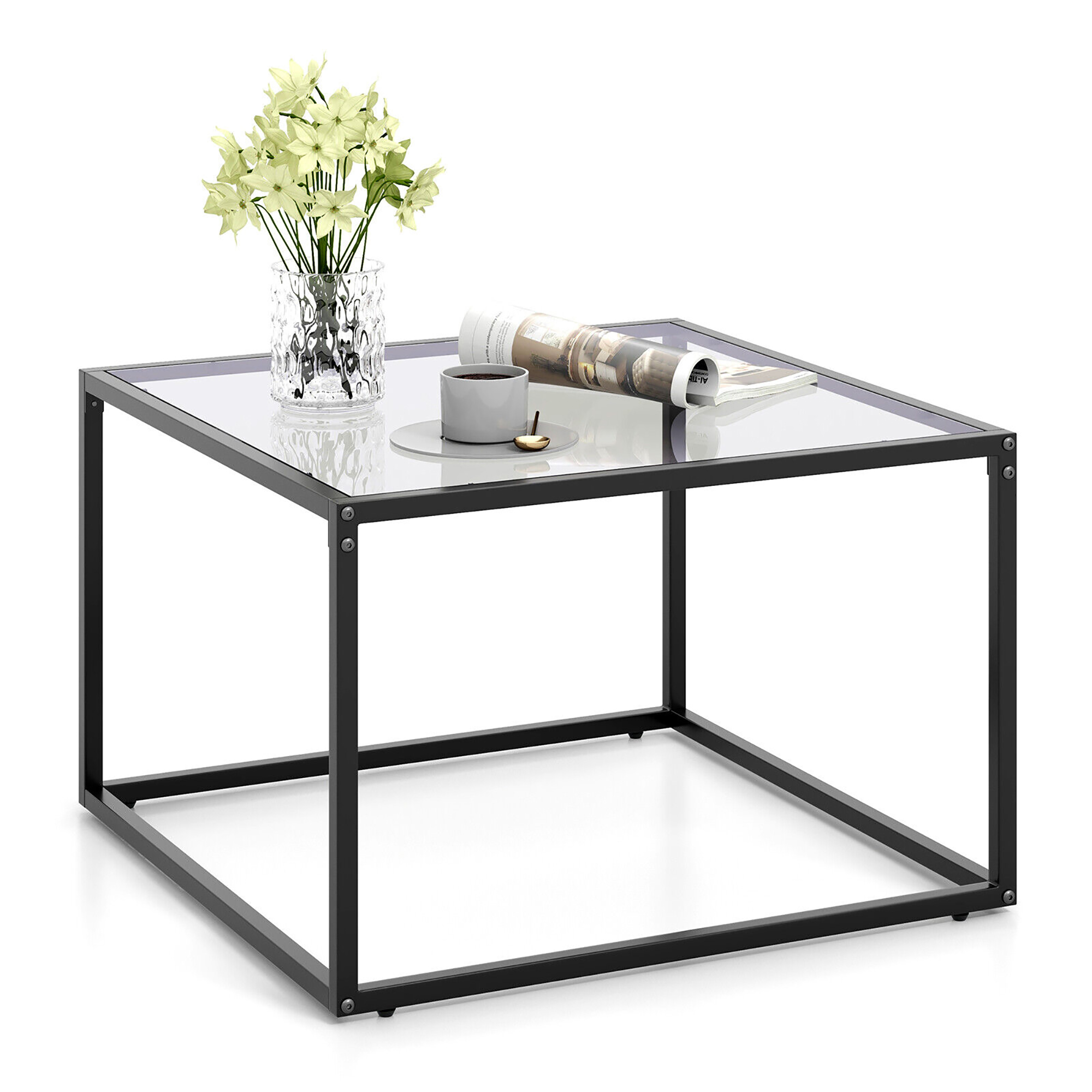 Gymax Table Basse en Verre 27,5 Pouces Moderne Carrée Cadre en Métal Salon Transparent et Gris