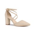 thumbnail image 1 of BLISSFUL STEP Women's Pointed Toe Cross Strap Block Heels Pumps Beige 9, 1 of 7