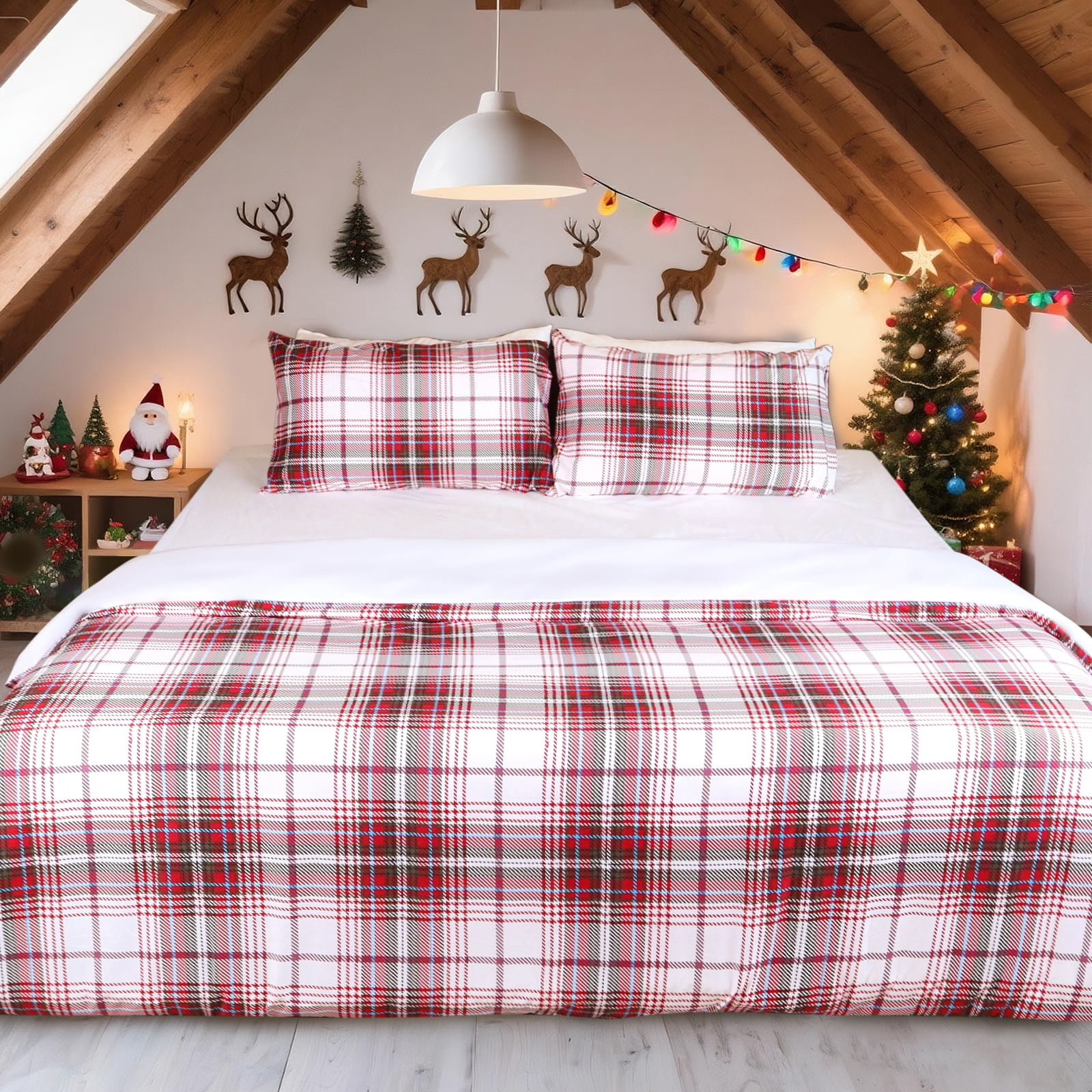 HITIME 100% Polyester Printed Christmas Duvet Cover Set - Queen Size 3 Piece Lightweight & Breathable Bedding Set, Soft Microfiber Comforter Cover with Zipper Closure, Christmas Plaid