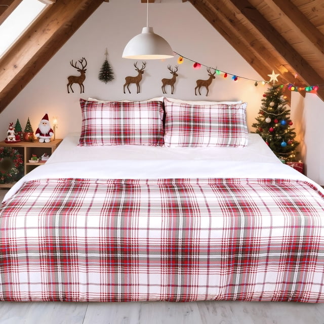 HITIME 100% Polyester Printed Christmas Duvet Cover Set in queen size, featuring a red and white plaid pattern. The set includes a lightweight and breathable duvet cover and two matching pillowcases made from soft microfiber with a zipper closure. Displayed in a cozy, festive bedroom with Christmas decorations, including a tree, string lights, and reindeer wall art.