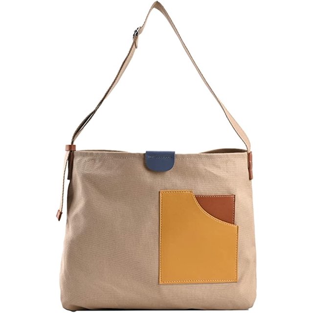 LinYooLi Fashion Splicing Shoulder Bag for Women Girls Chic Grid Canvas Hobo Tote Handbag Color Contrast