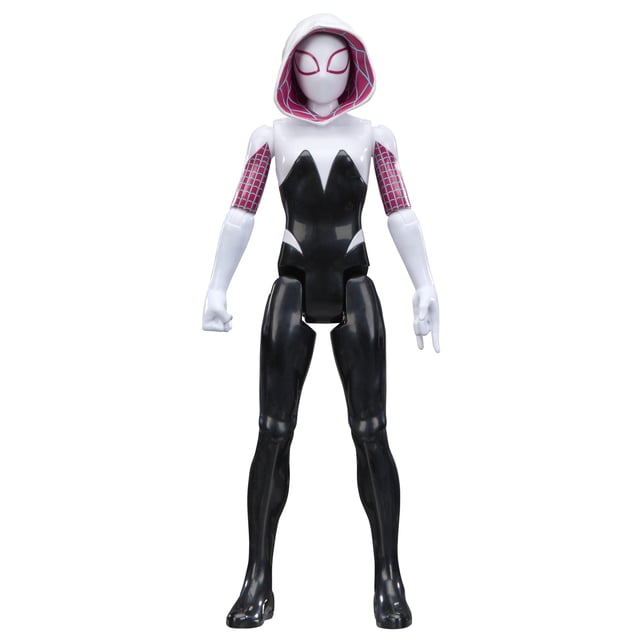 Marvel Spider-Man Série Titan Figurine d'Action Ghost-Spider Vue de devant avec un Capuchon Blanc Doublé de Toile Rose, Bras Blancs avec Motifs de Toile Rose, et un Justaucorps Noir et Blanc. la Figurine à l'Échelle de 12 Pouces Présente 11 points d'Articulation pour un Jeu Articulé et Encourage des Aventures Imaginatives de Superhéros.