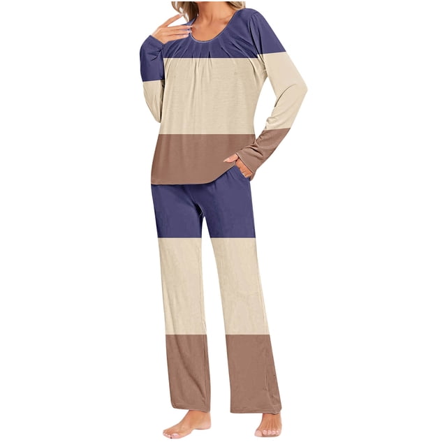 Yuyuzo Womens Pajama Sets 2 Piece Color Block Long Sleeve Crew Neck Tops Lounge Pants with Pockets