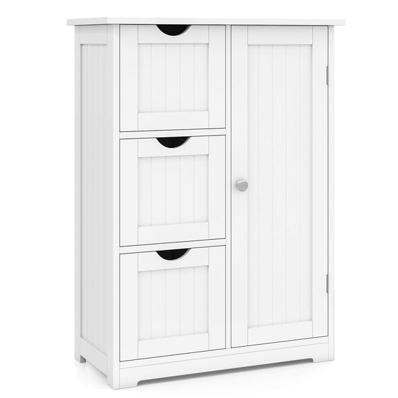 Costway Bathroom Floor Cabinet Side Storage Cabinet with 3 Drawers and 1 Cupboard White