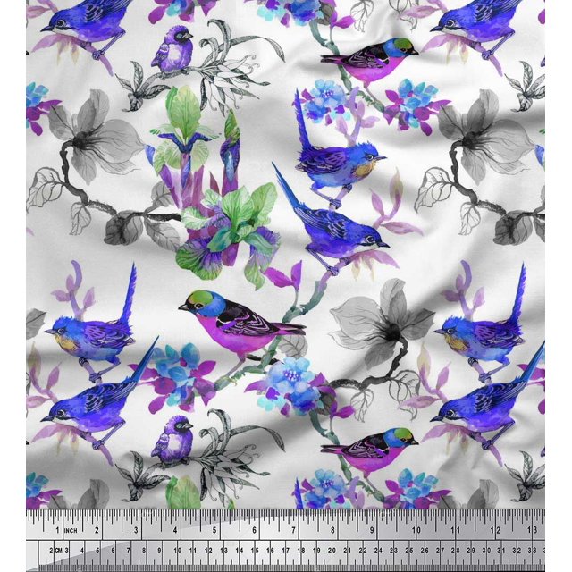 Soimoi Georgette Viscose Fabric Floral & Sparrow Bird Print Sewing Fabric Yard 42 Inch Wide