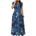 thumbnail image 2 of Ovzne Robes d'Été pour Femmes Robe de Plage Dames Mode Femmes Robe à Manches Courtes à Col Rond Robes Longues Imprimées Robe de Vacances avec Poche Robe à Manches Courtes Imprimée Liquidation, 2 of 5