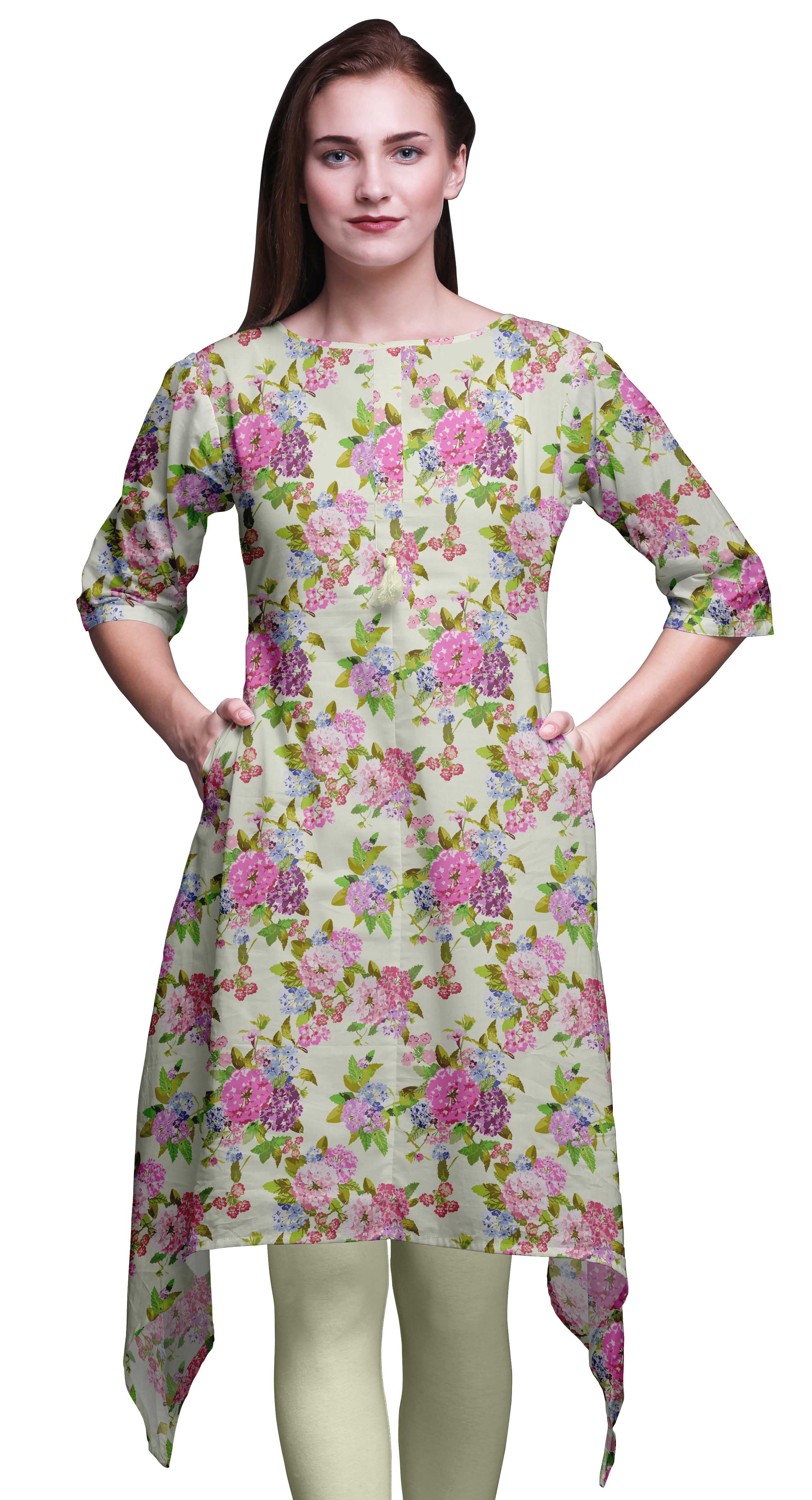 Bimba Hauts Imprimés Floraux Feuilles Jaunes et Primula pour Femmes Kurti Asymétrique Robe d'Été pour Filles XSmall
