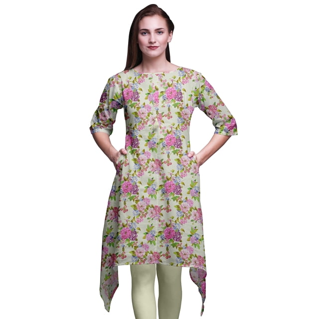 Bimba Hauts Imprimés Floraux Feuilles Jaunes et Primula pour Femmes Kurti Asymétrique Robe d'Été pour Filles XSmall