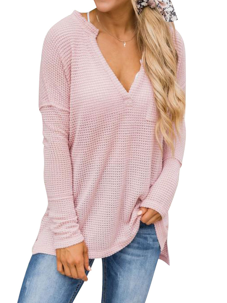Women Side Split Hem V Neck Long Sleeve Pocket Pullover Shirt