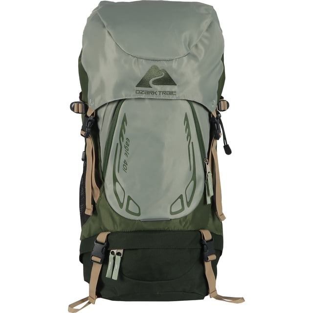 Ozark Trail 40 Liter Adult Hiking Backpack in beige and green, front view showing top-loading main compartment, front zippered pocket, side mesh pockets, adjustable straps, hydration port, and Ozark Trail logo on top flap, designed with load stabilizing system and rain cover for comfortable hiking.