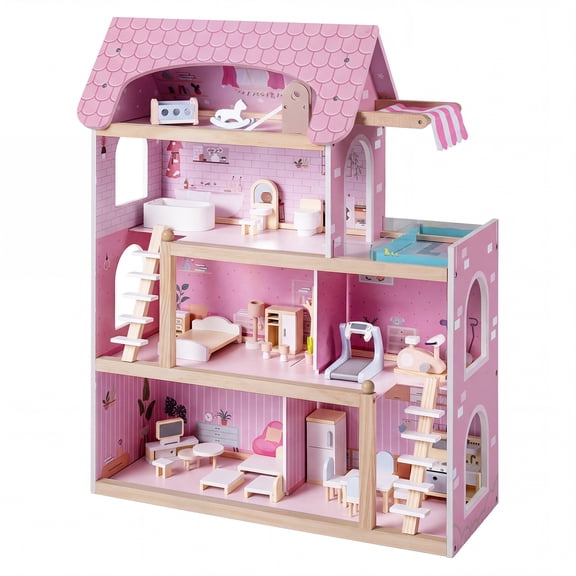 Costway Kids Wooden Dollhouse 4-Story Modern Doll House with 33Pcs Furniture Accessories Pink
