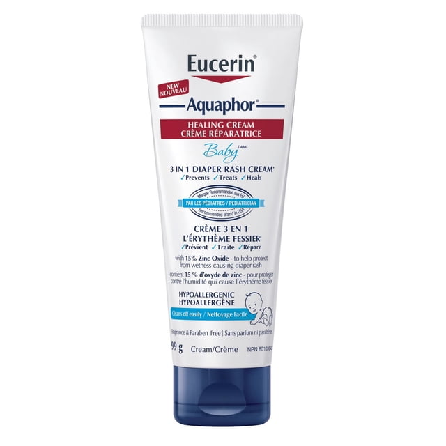 EUCERIN AQUAPHOR Baby Diaper Rash Cream in a white tube with blue cap, featuring 15% zinc oxide to protect and heal baby's sensitive skin from diaper rash, hypoallergenic and fragrance-free formula, a 3-in-1 cream that prevents, treats, and heals diaper rash, recommended by pediatricians, with bilingual English and French text and a baby illustration.