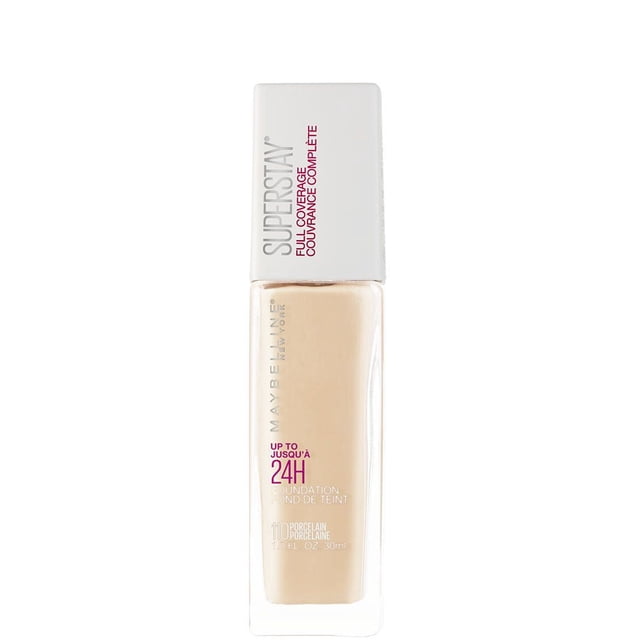 Maybelline New York Super Stay® Full Coverage Foundation, 30 ml in shade 110 Porcelain, in a clear rectangular glass bottle with a white cap, designed for 24-hour wear and full coverage, ideal for a flawless, long-lasting makeup finish.