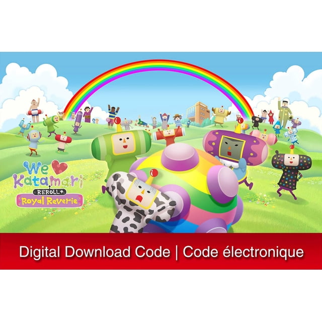 We Love Katamari REROLL+ Royal Reverie Nintendo Switch digital download code cover art featuring colorful katamari characters with square faces and cylindrical bodies rolling on green hills under a rainbow and blue sky, illustrating a Nintendo Switch game download.