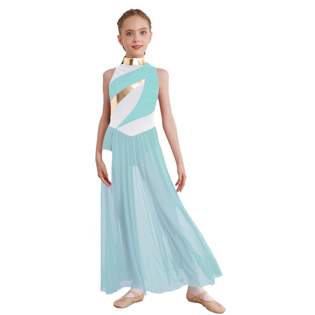 Moggemol Robe de Danse Sans Manches pour Filles Robe de Danse Contemporaine Fendue Longue Jupe Bleu Clair 16