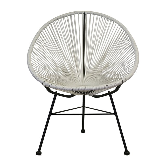 Plata Import - Acapulco Wire Chair white for Adults with a round white woven wire seat and backrest supported by a black metal frame with four angled legs and crossbar reinforcement, measuring 34.5" H x 28.5" W x 32.75" D, suitable for living room accent seating and casual indoor or covered outdoor use.