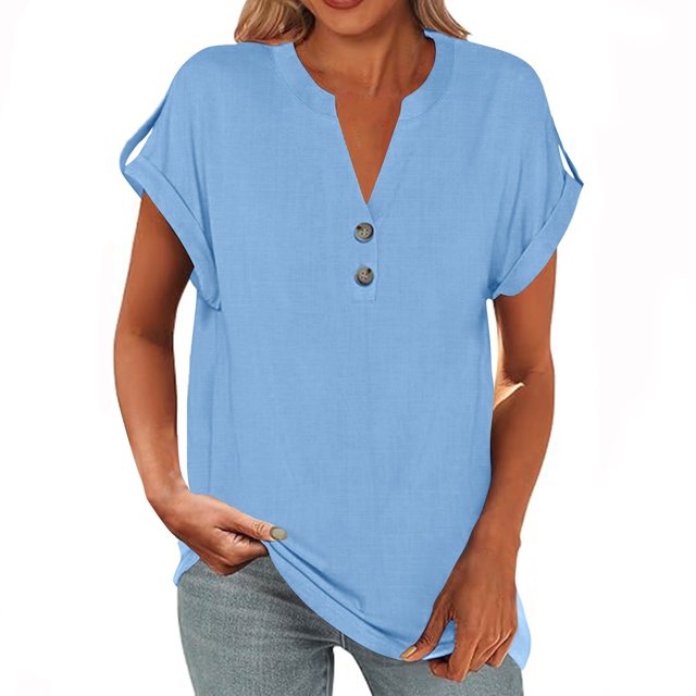 Yuyuzo Womens T Shirts Cap Sleeve Tops Button up V Neck Top Solid Color Basic Summer Tees Tops
