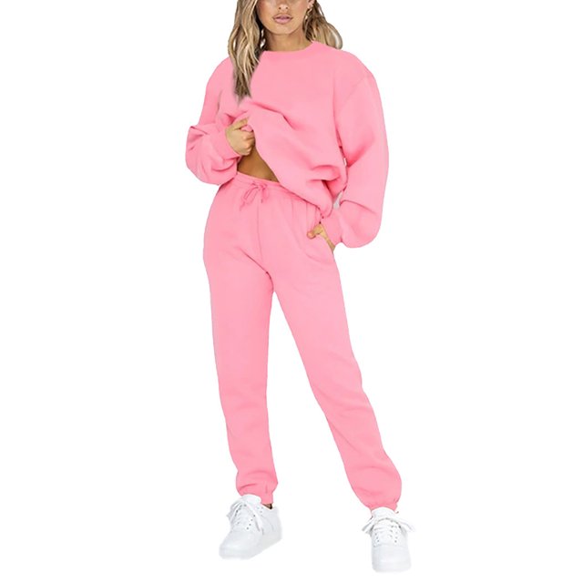 Innerwin Two Piece Outfit Drawstring Women Jogger Set Sports Long Sleeve Beam Foot Sweatsuits Pink S