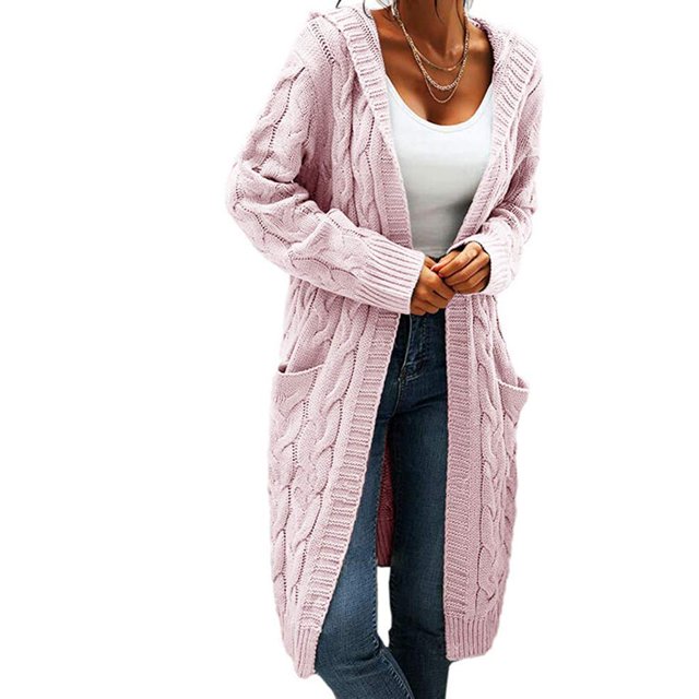 Women Hooded Open Front Cardigan Cable Knit Sweaters Solid Chunky Long Sweater Coats with Pockets