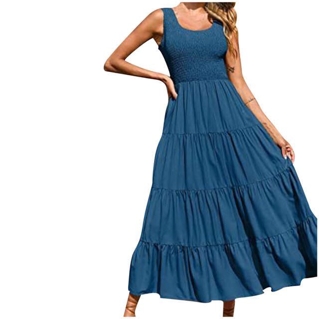 Penkiiy Robe Maxi d'Été Décontractée pour Femme, Fluide, à Volants, Bohème, Longue, P Bleu