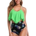 thumbnail image 2 of Women High Waisted Bikini Ruffle Swimsuit Flounce Pom Pom Trim Two Piece Bathing Suit Fluorescent Green (S, 2 of 6