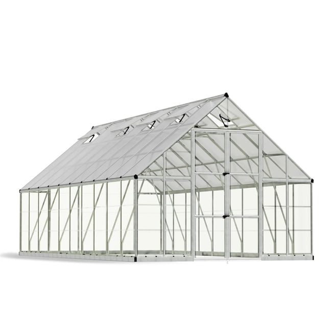 CANOPIA by PALRAM Balance 10 ft. x 20 ft. Greenhouse Kit - Silver with a silver powder-coated aluminum frame and clear UV-protected polycarbonate panels. This spacious walk-in greenhouse includes a pitched roof with vents, wide double doors with metal hinges, internal support beams, a galvanized steel base, and a built-in gutter system for rainwater collection, providing optimal conditions for growing plants and easy access.