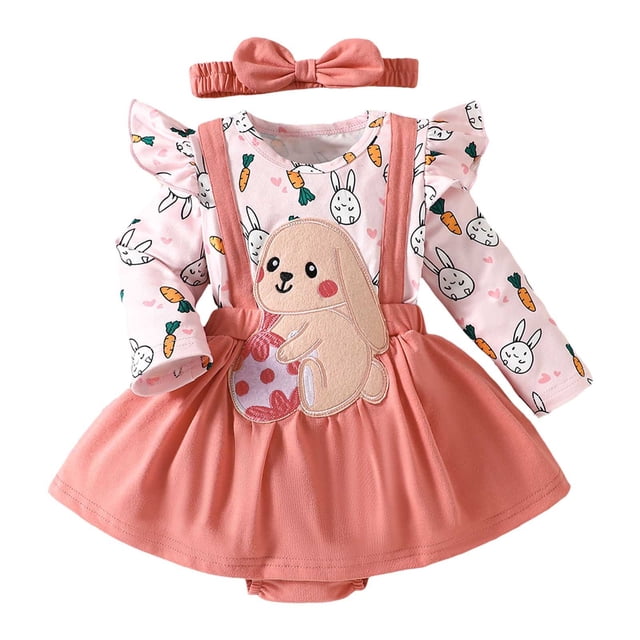MIASHUI Tenue de Pâques pour Bébé Fille Barboteuse à Manches Longues Jupe à Bretelles Lapin Robe Salopette, Rouge Brique, 12-18 Mois