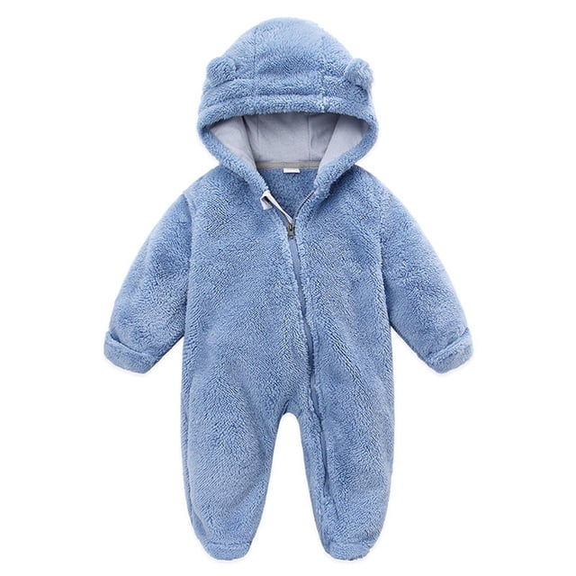 AherBiu Baby Girls Clothes Newborn Jumpsuits Hooded Fleece Zip up Infant Rompers in a fuzzy solid blue color. This baby bodysuit features a hood with bear ears, long sleeves, and full-length legs for warmth and comfort during fall and winter. Made from soft cotton fabric, it includes a zip closure for easy dressing and diaper changes, ideal for infant clothing needs.