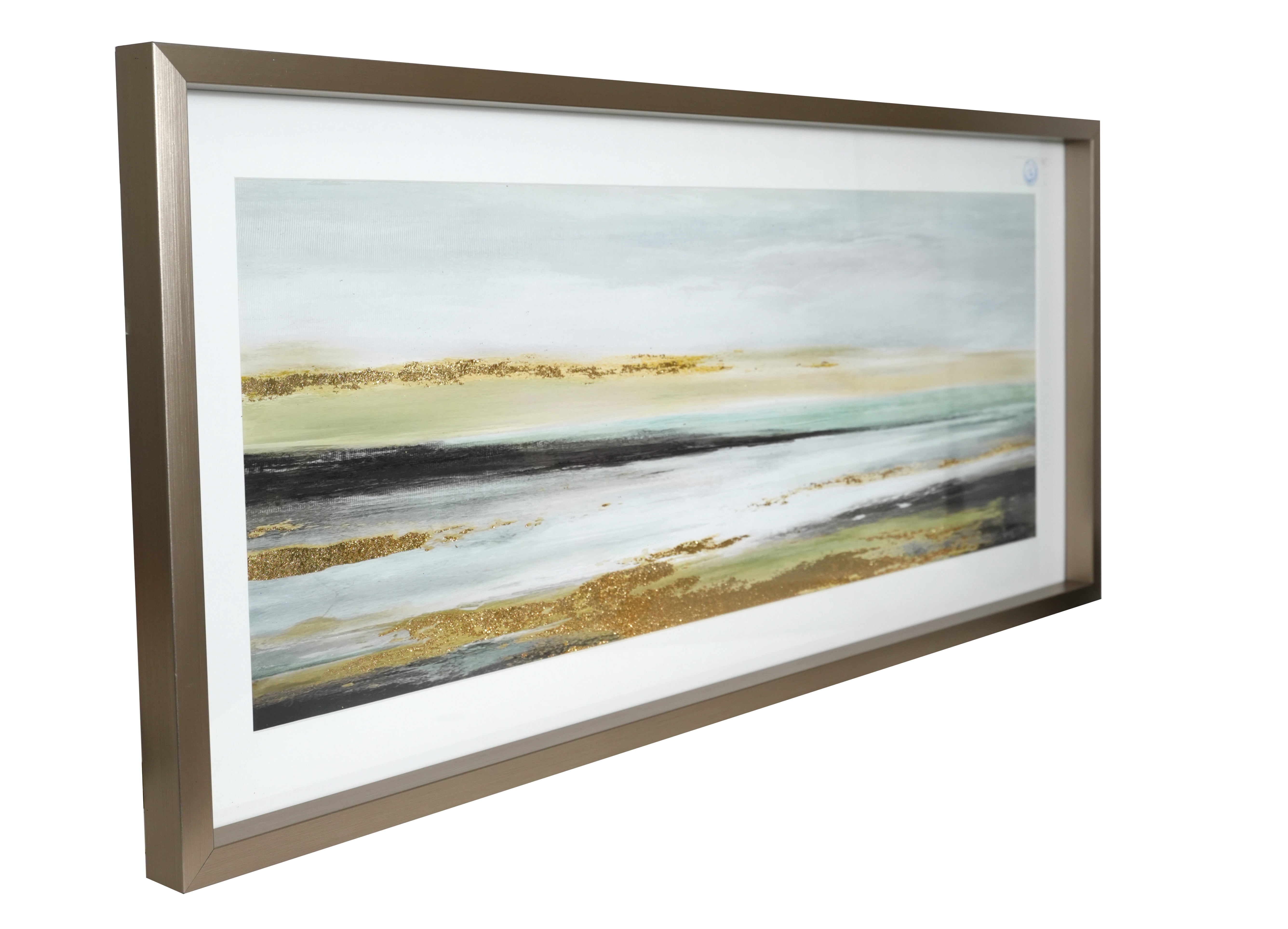 18x40 Inch Silver Tone Framed Abstract Landscape Art with Gold Accents