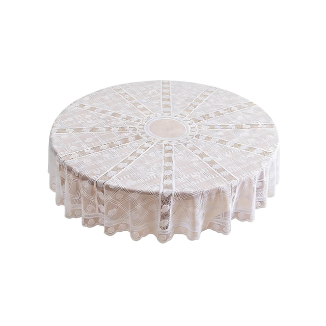 White Round Tablecloth Polyester Sheer Lace Embroidered with Hollowed-out Non-slip Design for Dining Tables 185 cm