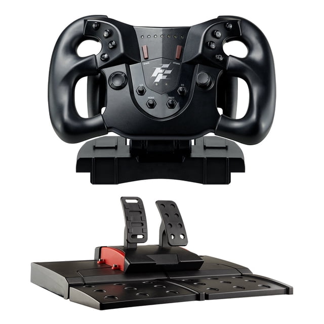 Flashfire Monza Racing Steering Wheel and Pedals for PC, PS3, PS4, Xbox 360, Xbox One, Xbox Series X/S, and Nintendo Switch, black, with a rubber-coated steering wheel featuring 8 programmable keys, dual motor vibration feedback, and a foldable two-pedal floorboard with gas and brake pedals, ideal for immersive racing simulation across multiple platforms.