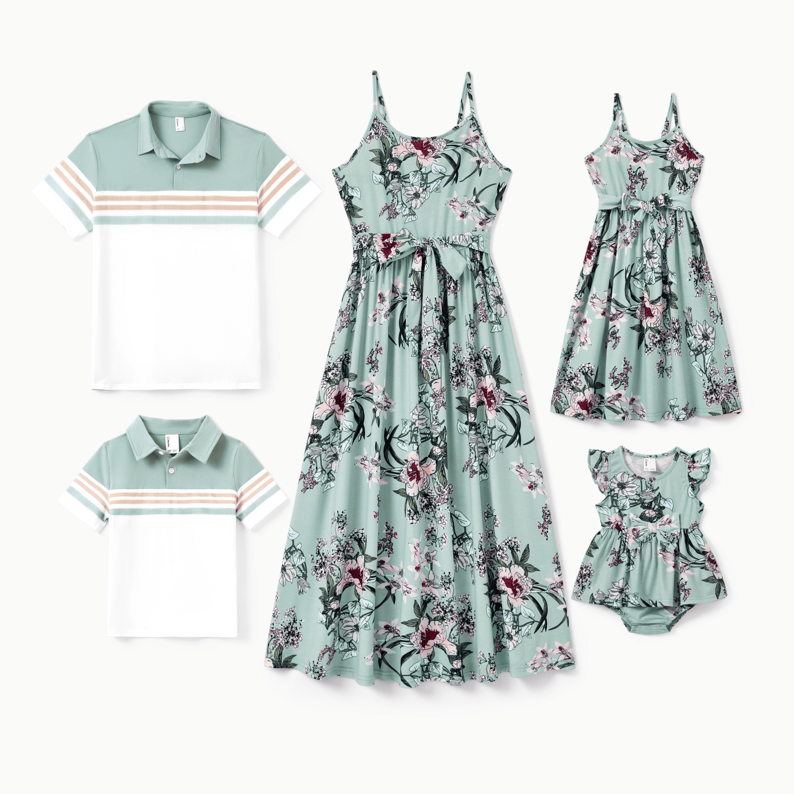PatPat Ensembles Assortis pour la Famille Polo à Rayures Vert Ou Robe à Bretelles avec Ceinture à Imprimé Floral