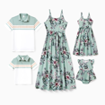 thumbnail image 1 of PatPat Ensembles Assortis pour la Famille Polo à Rayures Vert Ou Robe à Bretelles avec Ceinture à Imprimé Floral, 1 of 6