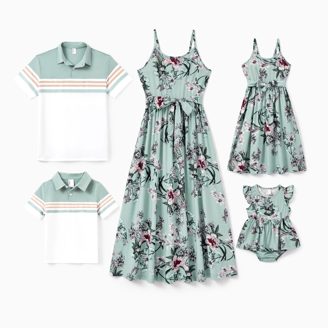 PatPat Ensembles Assortis pour la Famille Polo à Rayures Vert Ou Robe à Bretelles avec Ceinture à Imprimé Floral