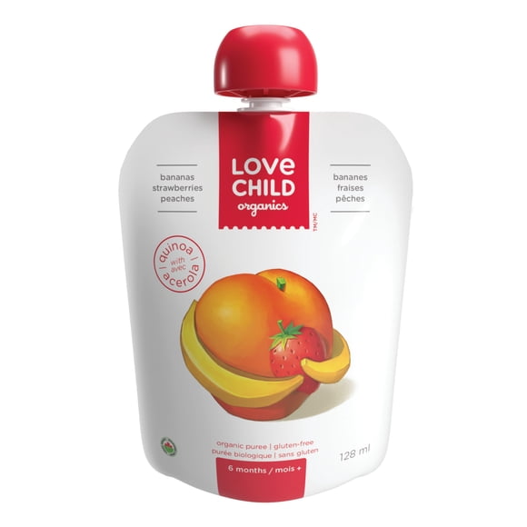 Purée bananes, fraises + pêches Superblends Love Child Organics, 128 ml, sachet