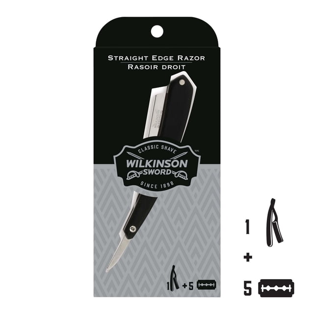 Wilkinson Sword Classic Straight Razor with 5 razor blades, featuring a black wood-finished handle and triple-coated stainless steel blade for a close, irritation-free shave, ideal for precise beard styling and grooming.