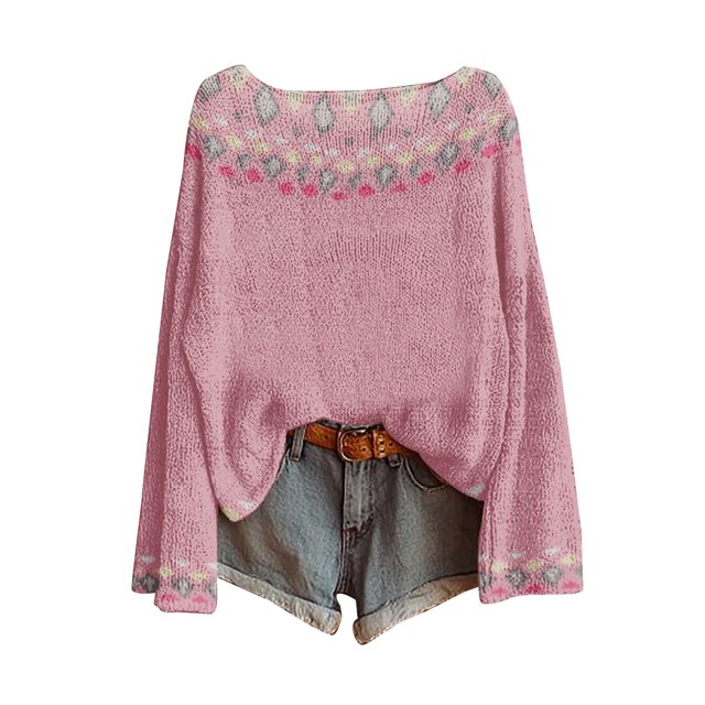 WTXUE Chandail Décontracté Léger Vintage Fair Isle pour Femme, Manches Raglan, Col Rond, Tricoté, Imprimé Artistique, Chandail à Enfiler, Chandails Confortables et Chauds, Hauts d'Automne, Bohème Tendance, Western, Blouses de Bureau Décontractées, Rose, TG