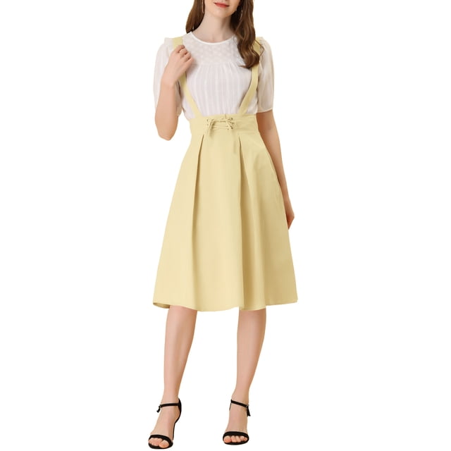 Unique Bargains Jupe Midi Plissée à Bretelles Rétro à Taille Élastique pour Femme, Abricot, G