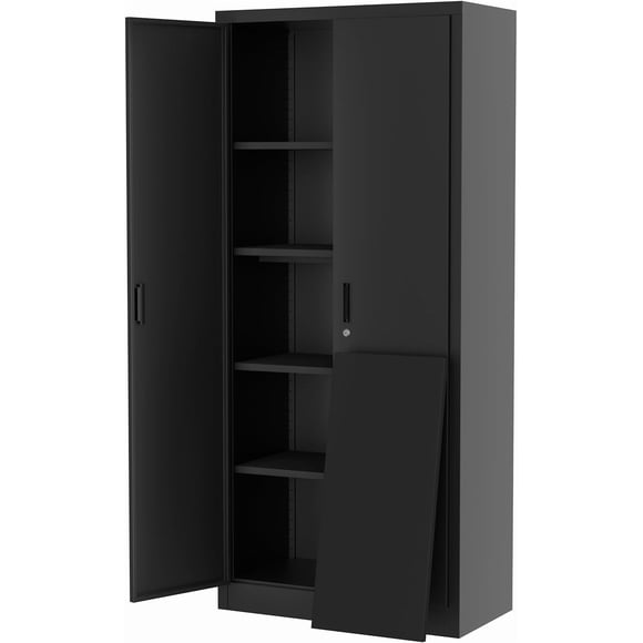 71 inch Lockable Metal Storage Cabinet, Heavy Duty Steel Garage Organizer with 4 Adjustable Shelves, Utility Locker for Office Pantry Workshop, Black