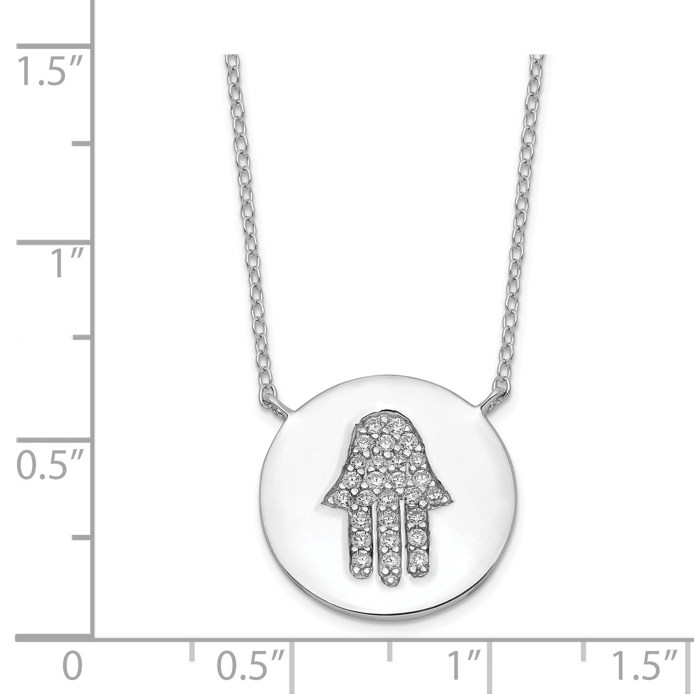 Sterling Silver Rhodium-plated Hamsa w/CZ w/2in ext. Necklace (Weight: 2.39 Grams, Length: 16 Inches)