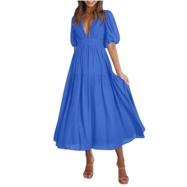 HVOBTTY Robes d'Été Décontractées à Manches Courtes pour Femmes, Robe Longue Décontractée pour Dames à Manches Bouffantes, Col en V, Bleu, m
