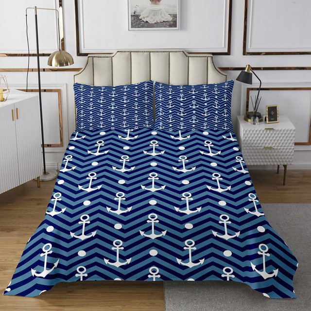 Erosebridal Nautical Anchor Print Coverlet Set Queen, Navy Blue Geometric Wave Stripes Bedding Set 3 Pieces