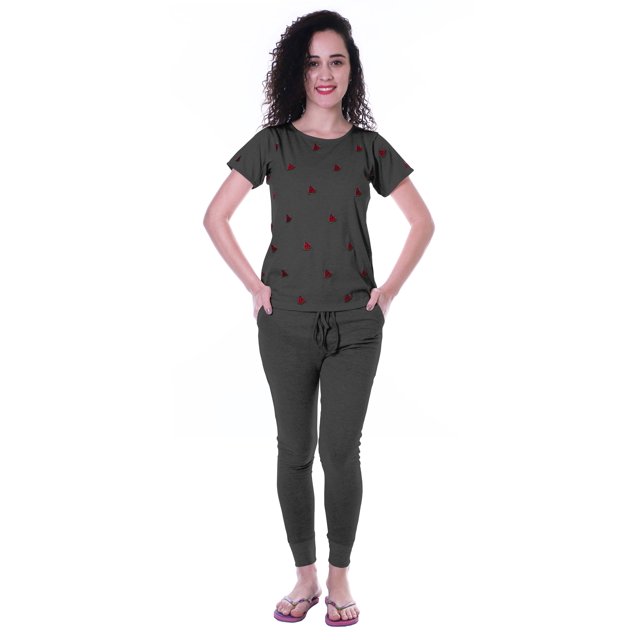 Moomaya Nightwear Set Watermelon Embroidery Slimfit Pyjamas Sleepwear 2 Pcs Set